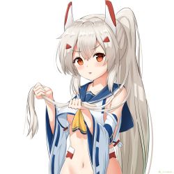 Rule 34 | 1girl, :&gt;, :d, adjusting hair, ayanami (azur lane), azur lane, blue sailor collar, blush, breasts, collarbone, commentary request, detached sleeves, doyagao, hair between eyes, hair ornament, hairclip, headgear, highres, holding, holding hair, long hair, looking at viewer, navel, neckerchief, open mouth, platinum blonde hair, ponytail, red eyes, retrofit (azur lane), sailor collar, school uniform, serafuku, shirt, sidelocks, simple background, sironora, small breasts, smile, smug, solo, sparkle, stomach, tongue, tongue out, twitter username, underboob, v-shaped eyebrows, white background, white shirt, wide sleeves, yellow neckerchief