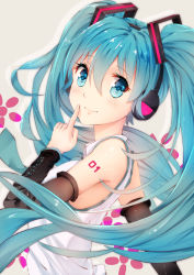 Rule 34 | 1girl, absurdres, bare shoulders, blue eyes, blue hair, blush, closed mouth, collared shirt, commentary request, detached sleeves, dragon xiuluo, finger to mouth, fingernails, hair between eyes, hatsune miku, head tilt, headphones, highres, long hair, long sleeves, looking at viewer, looking back, shirt, sleeveless, sleeveless shirt, smile, solo, twintails, very long hair, vocaloid, white shirt