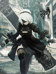 Rule 34 | 1girl, absurdres, black dress, black footwear, black gloves, black thighhighs, blindfold, blurry, blurry background, boots, breasts, building, cleavage, cleavage cutout, clothing cutout, dress, floating, gloves, hairband, highres, medium breasts, mole, mole under mouth, nier:automata, nier (series), outdoors, pod (nier:automata), robot, ruun (abcdeffff), short hair, side slit, solo, sword, tagme, thigh boots, thighhighs, thighhighs under boots, tree, visor, weapon, white hair, 2b (nier:automata)