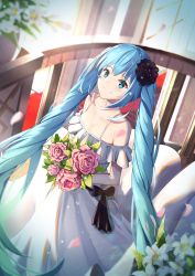 Rule 34 | 1girl, bare shoulders, black flower, black rose, blue eyes, blue hair, blurry, blurry background, blush, bouquet, bow, breasts, brown bow, cleavage, closed mouth, collarbone, commentary request, depth of field, dress, flower, hair between eyes, hair flower, hair ornament, hatsune miku, highres, holding, holding bouquet, long hair, medium breasts, mobu (wddtfy61), off-shoulder dress, off shoulder, pink flower, pink rose, railing, rose, smile, solo, twintails, very long hair, vocaloid, white dress, white flower