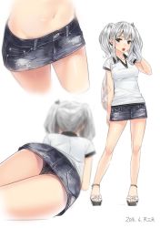 Rule 34 | 10s, 1girl, 2016, alternate costume, ama mitsuki, ass, bag, blue skirt, breasts, clothes lift, contrapposto, dated, denim, denim skirt, grey eyes, high heels, kantai collection, kashima (kancolle), legs, lying, medium breasts, microskirt, multiple views, navel, on stomach, open mouth, panties, pinstripe pattern, sandals, shoes, silver hair, skirt, skirt lift, striped clothes, striped panties, teeth, thighs, toeless footwear, torn clothes, torn skirt, twintails, underwear, vertical-striped clothes, vertical-striped panties