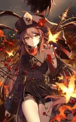 Rule 34 | 1boy, 1girl, back-to-back, bead bracelet, beads, black nails, bracelet, branch, brown hair, bug, butterfly, closed mouth, coat, fire, flower, flower-shaped pupils, genshin impact, hair between eyes, hat, hat flower, highres, holding, holding polearm, holding weapon, hu tao (genshin impact), insect, jewelry, long hair, long sleeves, low twintails, multicolored hair, nail polish, necomi, plum blossoms, polearm, ponytail, red eyes, red flower, red hair, shorts, symbol-shaped pupils, tassel, thighs, twintails, very long hair, weapon, zhongli (genshin impact)