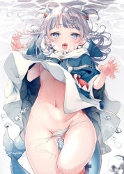 Rule 34 | 1girl, air bubble, animal hood, blue eyes, blue hair, blue hoodie, breasts, bubble, claw pose, fins, fish tail, gawr gura, gluteal fold, hair ornament, hololive, hololive english, hood, hoodie, looking at viewer, medium hair, multicolored hair, muzin chan, navel, open mouth, panties, shark girl, shark hair ornament, shark hood, shark tail, sharp teeth, side-tie panties, silver hair, small breasts, solo, stomach, streaked hair, tail, teeth, thighs, tongue, tongue out, twitter username, two side up, underboob, underwater, underwear, untied panties, virtual youtuber, white panties, wide sleeves