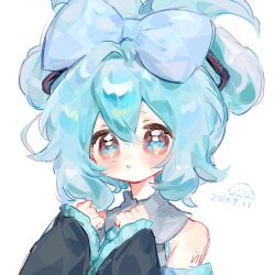 1girl :o aqua_hair bare_shoulders blue_bow blue_eyes blush bow chinese_commentary cinnamiku cinnamoroll commentary_request dated detached_sleeves fuwa_fuwa_cinnamoroll hair_bow hands_up hatsune_miku jiu6744595 looking_at_viewer open_mouth sanrio shirt shoulder_tattoo signature simple_background sleeveless sleeveless_shirt solo tattoo twintails upper_body vocaloid white_background