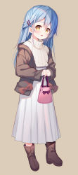 Rule 34 | 1girl, :d, bag, blue hair, blush, boots, bow, brown background, brown bow, brown eyes, brown footwear, brown jacket, full body, fur-trimmed jacket, fur trim, hair between eyes, hair ornament, hairclip, high-waist skirt, high heel boots, high heels, highres, holding, holding bag, jacket, long hair, long sleeves, looking at viewer, meito (maze), off shoulder, open clothes, open jacket, open mouth, original, pleated skirt, ribbed sweater, simple background, skirt, sleeves past wrists, smile, solo, standing, sweater, turtleneck, turtleneck sweater, very long hair, white skirt, white sweater