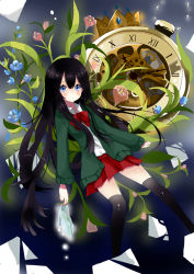Rule 34 | 1girl, black hair, blue eyes, blush, bow, bowtie, cardigan, cinderella, collared shirt, crown, expressionless, flower, glass shards, glass slipper, high heels, holding, holding shoes, long hair, long sleeves, neku (sky hologram), original, plant, pleated skirt, pocket watch, shirt, shoes, unworn shoes, skirt, solo, thighhighs, very long hair, watch