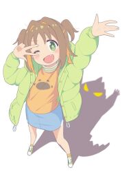 Rule 34 | 1girl, ;), blue skirt, blush, brown hair, commentary request, fang, full body, green eyes, green footwear, green jacket, hands up, happy, jacket, miniskirt, oka asahi, one eye closed, onii-chan wa oshimai!, open clothes, open jacket, open mouth, orange shirt, orange socks, paw print, print shirt, shadow, shiina excel, shirt, shoes, short hair, simple background, skirt, smile, sneakers, socks, solo, sparkling eyes, standing, two side up, v, white background