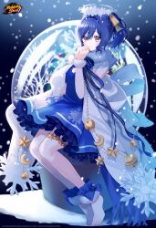 Rule 34 | 1girl, absurdres, barefoot, blue dress, blue eyes, blue hair, christmas, coat, commentary, copyright name, dress, english commentary, feet, full body, grey eyes, half updo, halo, highres, legs, logo, mahjong soul, misumi (macaroni), nanami reina, night, official art, ornament, own hands clasped, own hands together, short hair, side ponytail, smile, snow, snow globe, snowflakes, snowing, solo, toenails, toes, white coat