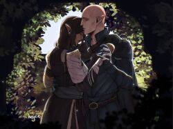 Rule 34 | 1boy, 1girl, bald, bone necklace, brown hair, closed eyes, cowboy shot, dancing, dark-skinned female, dark skin, day, dragon age, dragon age: inquisition, earrings, elf, half-closed eye, hejee, hetero, highres, holding hands, inquisitor (dragon age), jewelry, light particles, male focus, mature male, medium hair, parted lips, plant, pointy ears, profile, solas