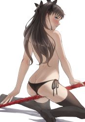 Rule 34 | 1girl, ass, black panties, black ribbon, black thighhighs, blue eyes, blush, brown hair, butt crack, commentary request, fate/stay night, fate (series), from behind, gae bolg (fate), hair ribbon, highres, kneeling, long hair, looking at viewer, looking back, mondi hl, no shoes, open mouth, panties, ribbon, side-tie panties, solo, thighhighs, tohsaka rin, topless, two side up, underwear, underwear only, weapon