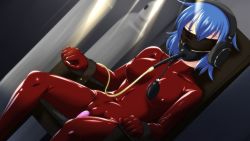 Rule 34 | 1girl, bdsm, belt, blindfold, blue hair, bondage, bound, breasts, catsuit, chair, earmuffs, female focus, gag, gagged, latex, pump, pump gag, restrained, rubber, sensory deprivation, sex toy, skin tight, source request, tamakko, vibrator