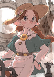 Rule 34 | 1girl, apron, aqua capelet, aqua skirt, backlighting, blouse, blush, blush stickers, borrowed character, braid, brown hair, buttons, capelet, closed mouth, corset, female focus, flower, furry, furry female, hat, hat flower, highres, industrial pipe, kikurage (crayon arts), original, pig girl, pig nose, pointy ears, shirt, skirt, solo, steam, steampunk, straw hat, twin braids