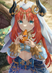 Rule 34 | 1girl, absurdres, aqua eyes, cake, chinese commentary, commentary request, fake horns, food, genshin impact, harem outfit, highres, holding, holding cake, holding food, horns, long sleeves, longgu (dragonbone0000), looking at viewer, low twintails, nilou (genshin impact), puffy long sleeves, puffy sleeves, red hair, solo, twintails, upper body, veil