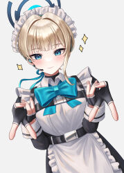 Rule 34 | 1girl, apron, belt, black gloves, blonde hair, blue archive, blue eyes, bow, bowtie, chisi, commentary request, double v, fingerless gloves, gloves, halo, headset, highres, long hair, long sleeves, looking at viewer, maid, maid apron, maid headdress, shoulder strap, sidelocks, simple background, solo, toki (blue archive), turtleneck, v, white background