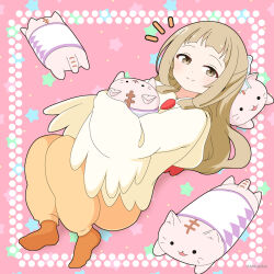 Rule 34 | 1girl, brown eyes, brown hair, cat-shaped pillow, chicken costume, closed mouth, commentary request, full body, highres, long hair, looking at viewer, mitya, nogi sonoko, notice lines, hugging object, pink background, simple background, smile, solo, star (symbol), starry background, yuuki yuuna wa yuusha de aru, yuusha de aru