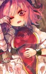 Rule 34 | 1girl, bandaged arm, bandages, blush, breasts, bun cover, commentary request, cuffs, dress, drooling, floral print, fua yuu, gold trim, hand on own stomach, highres, ibaraki kasen, looking at viewer, lying, medium breasts, nail polish, on back, on ground, one-hour drawing challenge, one eye closed, open mouth, pink hair, pink nails, puffy short sleeves, puffy sleeves, red eyes, shackles, short hair, short sleeves, solo, swept bangs, tabard, touhou, upper body, white dress, wooden floor
