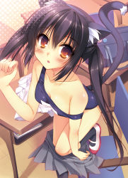Rule 34 | 1girl, :o, animal ears, bare shoulders, black hair, blush, brown eyes, cat ears, cat tail, collarbone, k-on!, leg lift, long hair, looking at viewer, nakano azusa, one-piece swimsuit, satsuki misuzu, school swimsuit, shoes, solo, standing, standing on one leg, strap slip, swimsuit, tail, twintails, undressing, uwabaki