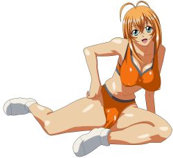Rule 34 | 00s, 1girl, absurdres, antenna hair, aqua eyes, bikini, blonde hair, breasts, brown hair, cameltoe, covered erect nipples, female focus, highres, ikkitousen, large breasts, long hair, looking at viewer, open mouth, orange hair, shiny clothes, simple background, smile, solo, sonsaku hakufu, swimsuit