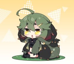 Rule 34 | 1girl, :&lt;, ahoge, black bow, black bowtie, black shirt, black socks, blush, bow, bowtie, breasts, chibi, commentary request, deviljho, drooling, fang, full body, gradient hair, green hair, hair between eyes, hair ornament, hairclip, highres, kneehighs, medium breasts, milkpanda, monster hunter (series), mouth drool, multicolored hair, navel, no shoes, open mouth, personification, red hair, shirt, short eyebrows, sitting, socks, soles, solo, tail, thick eyebrows, triangle mouth, yellow eyes