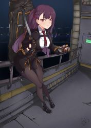 Rule 34 | 1girl, against railing, black footwear, black pantyhose, black skirt, blazer, blouse, blush, breasts, can, collared shirt, full body, girls&#039; frontline, giving, gloves, hair ribbon, half updo, highres, holding, holding can, holding strap, jacket, lamppost, large breasts, leaning forward, legs together, lens flare, long hair, looking at viewer, necktie, night, on railing, one side up, open mouth, pantyhose, pelvic curtain, purple hair, railing, red eyes, red necktie, red ribbon, ribbon, scenery, shirt, shitamichi, shoes, sidelocks, signature, sitting, skirt, solo, standing, strap, striped clothes, striped shirt, thighband pantyhose, tie clip, very long hair, wa2000 (girls&#039; frontline), weapon bag