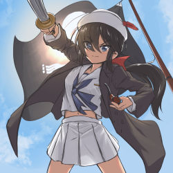 Rule 34 | 10s, 1girl, arm up, black jacket, blouse, blue neckerchief, closed mouth, cloud, cloudy sky, commentary, cowboy shot, dark-skinned female, dark skin, day, dixie cup hat, eyes visible through hair, feathers, flag, girls und panzer, hat, highres, holding, holding smoking pipe, jacket, long hair, long sleeves, looking at viewer, mikuru ism, military hat, miniskirt, navel, neckerchief, ogin (girls und panzer), pleated skirt, shirt, skirt, skull and crossbones, sky, smirk, smoking pipe, solo, standing, sword, weapon, white shirt, white skirt