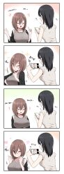 Rule 34 | 2girls, 4koma, :d, ;), absurdres, black hair, breasts, brown hair, cellphone, closed eyes, comic, from side, grey tank top, heart, highres, holding, holding phone, ikari manatsu, index finger raised, kamihira mao, large breasts, medium hair, multiple girls, one eye closed, open mouth, original, phone, profile, satsuki fumi, short hair, short sleeves, smartphone, smile, sparkle, taking picture, tank top, translation request