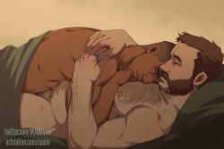 Rule 34 | 2boys, artstation username, bara, beard, bed, brown hair, call of duty, call of duty: modern warfare 2, captain price, chest hair, closed eyes, completely nude, dark-skinned male, dark skin, facial hair, gaz (call of duty 4), jewelry, large pectorals, looking at another, lying, lying on person, male focus, male pubic hair, mature male, mto, multiple boys, muscular, muscular male, nipples, nude, on back, on bed, pectorals, pubic hair, ring, short hair, sleeping, sleeping on person, twitter username, very short hair, yaoi