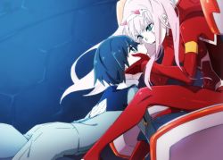 Rule 34 | 10s, 1boy, 1girl, black hair, blue eyes, couple, darling in the franxx, face-to-face, gloves, green eyes, hands on another&#039;s face, highres, hiro (darling in the franxx), horns, leje39, long hair, looking at another, military, military uniform, pilot suit, pink hair, red gloves, short hair, sitting, uniform, zero two (darling in the franxx)