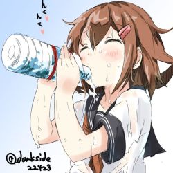Rule 34 | 10s, 1girl, bad id, bad twitter id, bottle, brown hair, closed eyes, darkside, drinking, gradient background, hair ornament, hairclip, ikazuchi (kancolle), kantai collection, personification, school uniform, serafuku, shirt, short hair, solo, twitter username, wet, wet clothes, wet shirt