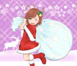Rule 34 | 1girl, ahoge, bell, blush, boots, brown eyes, brown hair, child, christmas, commentary request, deer, dress, foot out of frame, from side, fur-trimmed dress, fur trim, hair bell, hair ornament, hands up, holding, last order (toaru majutsu no index), looking at viewer, medium hair, one eye closed, open mouth, purple background, red dress, red footwear, sack, santa boots, santa dress, shin (highest1192), smile, snowflakes, solo, standing, standing on one leg, star (symbol), teeth, toaru majutsu no index, toaru majutsu no index: old testament, tongue