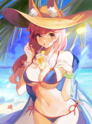 Rule 34 | 1girl, absurdres, animal ear fluff, animal ears, bare shoulders, beach, bikini, blue bikini, blush, breasts, cleavage, commentary request, cowboy shot, day, drinking straw, ears through headwear, fate/grand order, fate (series), fox ears, fox tail, hat, highres, large breasts, long hair, looking at viewer, nail polish, navel, pink hair, red nails, side-tie bikini bottom, solo, sun, sun hat, swimsuit, tail, tamamo (fate), tamamo no mae (fate/extra), tamamo no mae (swimsuit lancer) (fate), yayako (804907150), yellow eyes