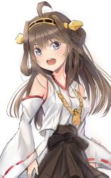 Rule 34 | 10s, 1girl, ahoge, brown hair, detached sleeves, double bun, grey eyes, hairband, headgear, highres, i.f.s.f, kantai collection, kongou (kancolle), long hair, looking at viewer, open mouth, ribbon-trimmed sleeves, ribbon trim, sketch, skirt, smile, solo, twitter username, upper body