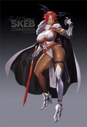 Rule 34 | 1girl, armband, armor, black cape, black gloves, breasts, cape, commission, covered erect nipples, dark-skinned female, dark skin, demon wings, fantasy, fingernails, fur trim, gauntlets, gloves, gradient background, greaves, hair between eyes, head wings, high heels, highres, holding, holding sword, holding weapon, medium hair, multicolored cape, multicolored clothes, ohayosayonara, original, parted lips, pauldrons, pointy ears, red armband, red hair, scabbard, sheath, shiny skin, shoulder armor, single pauldron, single thighhigh, skeb commission, skindentation, smile, solo, standing, sword, thank you, thigh strap, thighhighs, twitter username, two-tone cape, underboob, unsheathed, vambraces, weapon, white cape, white thighhighs, wings, yellow eyes