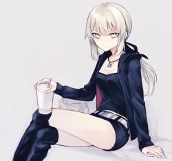 Rule 34 | 1girl, arm support, artoria pendragon (all), artoria pendragon (fate), bad id, bad pixiv id, belt, black jacket, black ribbon, black shirt, black shorts, black thighhighs, breasts, cleavage, crossed legs, drinking straw, fate/stay night, fate (series), grey background, hair between eyes, hair ribbon, holding, jacket, jewelry, katagiri (mighty swing), long hair, looking at viewer, medium breasts, necklace, official alternate costume, open clothes, open jacket, ponytail, ribbon, saber alter, saber alter (ver. shinjuku 1999) (fate), shirt, short shorts, shorts, silver hair, simple background, sitting, solo, thighhighs, yellow eyes