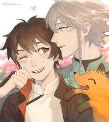 Rule 34 | 2boys, animal, animal on shoulder, blush, braid, brown hair, brown jacket, copyright request, driftwoodwolf, fangs, flower, fox, grey hair, heart, jacket, looking at another, male focus, multiple boys, open clothes, open jacket, open mouth, teeth, upper body, upper teeth only, yaoi