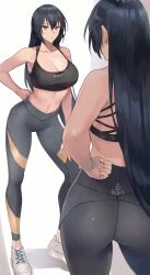 Rule 34 | 1girl, alternate costume, ass, black hair, black leggings, black sports bra, breasts, cleavage, commentary request, full-length mirror, hair between eyes, hand on own hip, hand on own thigh, highres, kantai collection, kasumi (skchkko), large breasts, leaning forward, leggings, long hair, mirror, nagato (kancolle), navel, pants, red eyes, reflection, solo, sports bra, yoga pants