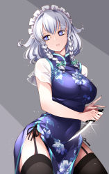 Rule 34 | 1girl, absurdres, alternate costume, black thighhighs, blue eyes, braid, breasts, chinese clothes, cowboy shot, eyelashes, floral print, garter straps, green ribbon, grey background, hair ribbon, highres, holding, holding knife, izayoi sakuya, knife, large breasts, looking to the side, maid headdress, medium hair, raptor7, ribbon, short sleeves, silver hair, simple background, solo, thighhighs, touhou, twin braids