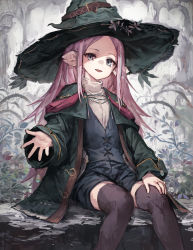 Rule 34 | 1girl, blue eyes, brown thighhighs, commission, flower, green hat, hat, hat belt, hat flower, highres, long hair, looking at viewer, open hand, open mouth, original, pink hair, plant, pointy ears, rock, sitting, skeb commission, smile, solo, thighhighs, thorns, turtleneck, vines, white flower, witch, witch hat, yanyan (shinken gomi)