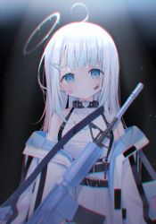 Rule 34 | 1girl, ahoge, amatsuka uto, anaglyph, assault rifle, bandaid, bandaid on cheek, bandaid on face, bare shoulders, black background, blood, blood on face, blue eyes, blush, chromatic aberration, closed mouth, deyui, dissolving, gun, hair ornament, hairclip, halo, heart, heart o-ring, highres, indie virtual youtuber, jacket, light rays, long hair, looking at viewer, m4 carbine, o-ring, off shoulder, open clothes, open jacket, pleated skirt, rifle, shirt, silver hair, skirt, sleeveless, sleeveless shirt, solo, spotlight, virtual youtuber, weapon, white jacket, white shirt, white skirt