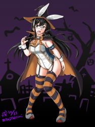 Rule 34 | 1girl, adapted costume, animal ears, black cape, black hair, black hat, black thighhighs, bow, bowtie, breast padding, cape, dated, fake animal ears, full body, garter straps, glasses, green eyes, hat, jack-o&#039;-lantern, kantai collection, leaning forward, leotard, long hair, looking at viewer, multicolored leotard, ooyodo (kancolle), orange bow, orange bowtie, playboy bunny, rabbit ears, rabbit tail, semi-rimless eyewear, solo, standing, strapless, strapless leotard, striped clothes, striped thighhighs, tail, tatsumi ray, thighhighs, twitter username, under-rim eyewear, witch hat, wrist cuffs, yellow thighhighs