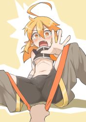 Rule 34 | 1girl, ahoge, bandaged arm, bike shorts, blush, borrowed character, breasts, cameltoe, crop top, fang, hair between eyes, long hair, looking at viewer, open mouth, orange eyes, orange hair, original, outstretched arm, pointy ears, scared, shiro maru, sitting, small breasts, solo focus, strap pull, tears, underboob