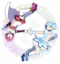 Rule 34 | 2girls, :d, alternate color, bad id, bad pixiv id, belt, blue eyes, blue footwear, blue hair, blue neckwear, blue ribbon, blush, boots, breasts, bubble skirt, choker, collarbone, color switch, dot nose, fortissimo, full body, gloves, hair ornament, hair ribbon, hairclip, happy, heart, heart background, holding hands, kaname madoka, kirikuchi riku, looking at another, mahou shoujo madoka magica, mahou shoujo madoka magica (anime), medium breasts, miki sayaka, multiple girls, musical note, musical note hair ornament, open mouth, outstretched arm, pink footwear, pink hair, puffy short sleeves, puffy sleeves, red skirt, ribbon, short hair, short sleeves, short twintails, simple background, skirt, smile, socks, soul gem, strapless, thighhighs, twintails, upside-down, white background, white gloves, white legwear, white skirt