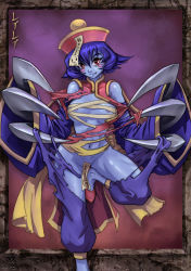 Rule 34 | 00s, 1girl, 2009, bad deviantart id, bad id, bare shoulders, blue hair, blue skin, blush, blush stickers, capcom, censored, chinese clothes, claws, colored skin, convenient censoring, detached sleeves, fang, groin, hat, jiangshi, lei lei, maxa&#039;, navel, no bra, no panties, ofuda, pants, qingdai guanmao, red eyes, shiny skin, shirt, smile, solo, standing, standing on one leg, torn clothes, torn pants, torn shirt, torn sleeves, vampire (game), wide sleeves
