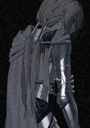 Rule 34 | 1boy, armor, bedivere (fate), black background, cape, crying, fate/grand order, fate (series), from behind, grey hair, highres, holding own arm, long hair, low twintails, male focus, prosthesis, prosthetic arm, simple background, twintails, x49xp
