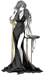 Rule 34 | 1girl, ashi (dongshi389), binah (project moon), black dress, black hair, blonde hair, breasts, cleavage, dress, earrings, feather boa, full body, fur scarf, grey eyes, highres, jewelry, large breasts, library of ruina, long dress, long hair, looking at viewer, multicolored hair, necklace, project moon, shawl, side slit, simple background, smile, solo, spot color, standing, white background