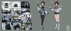 Rule 34 | 2021, 2girls, absurdres, black bodysuit, black footwear, black shirt, black skirt, bmw, bmw i3, bodysuit, boots, brown hair, car, cropped shirt, grey background, grey eyes, high heel boots, high heels, highres, ikeda (cpt), jacket, looking to the side, midriff, motor vehicle, multiple girls, navel, original, parted lips, personification, photo inset, pointing, reference inset, shirt, skirt, smile, vehicle and personification, white footwear, white jacket