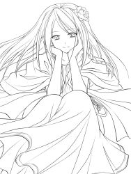 Rule 34 | 1girl, flower, greyscale, hair flower, hair ornament, highres, lineart, long hair, looking at viewer, moira, monochrome, smile, solo, sound horizon, yukinyon