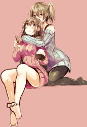 Rule 34 | 10s, 2girls, :t, akagi (kancolle), bare legs, bare shoulders, blush, bowl, breasts, chopsticks, eating, hug, hug from behind, impossible clothes, impossible sweater, kaga (kancolle), kantai collection, large breasts, long hair, multiple girls, nochita shin, off shoulder, pantyhose, personification, ribbed sweater, rice, rice bowl, side ponytail, smile, strap, sweater