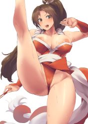 Rule 34 | 10s, 1girl, absurdres, armpits, breasts, brown eyes, brown hair, cameltoe, cleavage, folded fan, fatal fury, female pubic hair, folding fan, hand fan, high ponytail, highres, huge breasts, japanese clothes, large breasts, long hair, looking at viewer, minakami (flyingman555), ninja, nipple slip, nipples, open mouth, pelvic curtain, ponytail, pubic hair, revealing clothes, rope, shiranui mai, simple background, snk, solo, standing, sweat, the king of fighters, white background