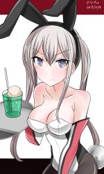 Rule 34 | 1girl, 3:, adapted costume, alternate costume, alternate hair color, angry, animal ears, bare shoulders, black pantyhose, breasts, cleavage, collarbone, commentary request, cup, dated, dress, drinking glass, drinking straw, elbow gloves, fake animal ears, female focus, food, gloves, graf zeppelin (kancolle), grey eyes, hair between eyes, hebitsukai-san, highres, ice cream, ice cream float, kantai collection, large breasts, leotard, long hair, looking at viewer, multicolored clothes, multicolored gloves, neck, off-shoulder dress, off shoulder, pantyhose, playboy bunny, rabbit ears, rabbit tail, serious, signature, silver hair, simple background, solo, strapless, strapless leotard, sweat, tail, tray, twintails